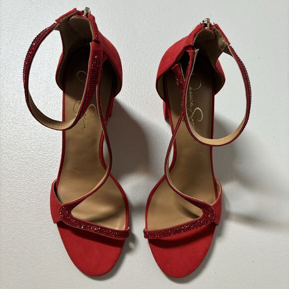 Jessica Simpson Red Suede Block Heel Sequin Strap Sandals Zipper Back Size 10 - Picture 3 of 10
